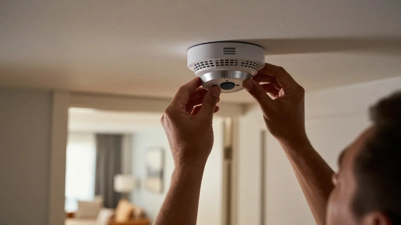 Technician installing a modern smoke detector on a hallway ceiling