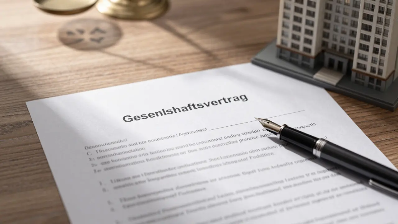 Vertrag und Architekturmodell auf Schreibtisch symbolisieren rechtliche Struktur