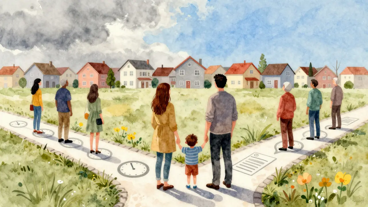 Watercolor of families at a crossroads looking at houses under a clearing sky