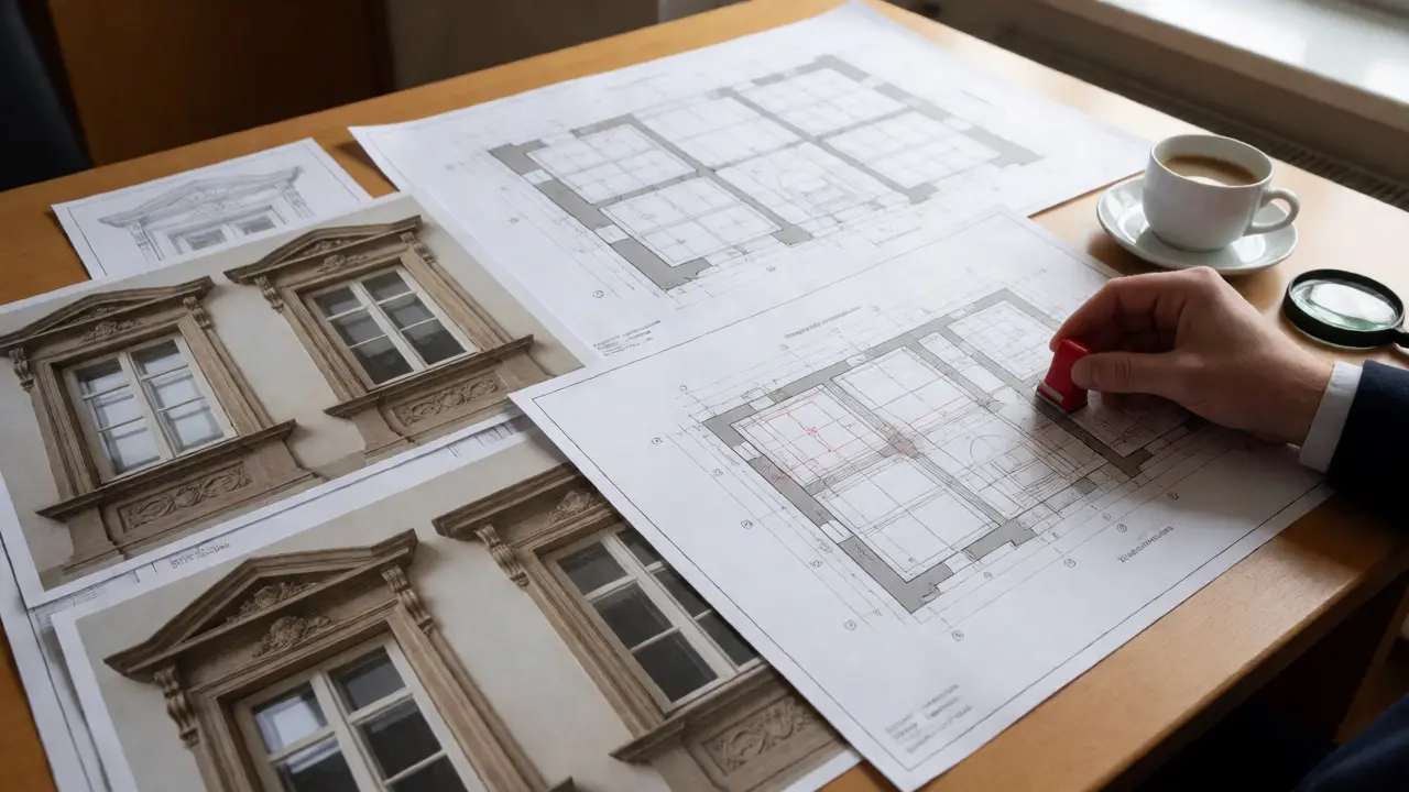 Architekturpläne und Fotos auf einem Schreibtisch bei der Genehmigungsvorbereitung