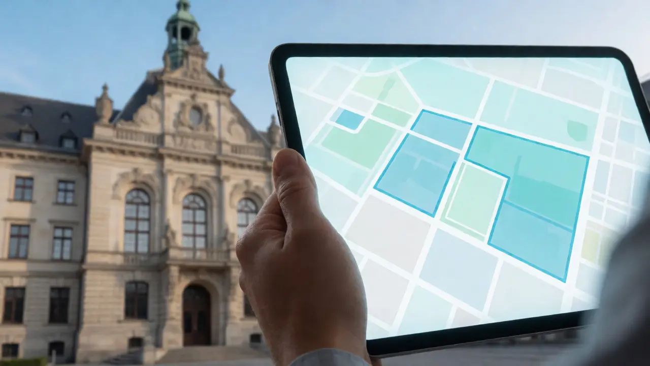 Digitale Prüfung von Baulasten auf einem Tablet vor Rathaus