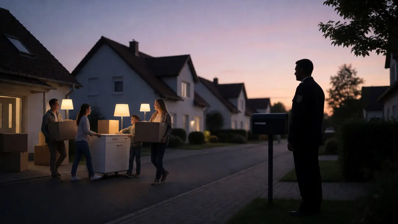 Familie beim Umzug in ein Haus bei Dämmerung, während eine Silhouette eines Finanzbeamten im Hintergrund beobachtet.