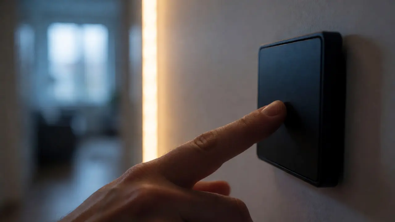 Hand bedient einen intelligenten Lichtschalter in einem beleuchteten Flur
