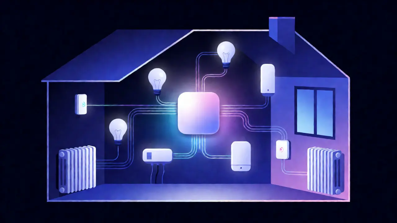 Konzeptuelle Darstellung eines vernetzten Smart-Home-Systems