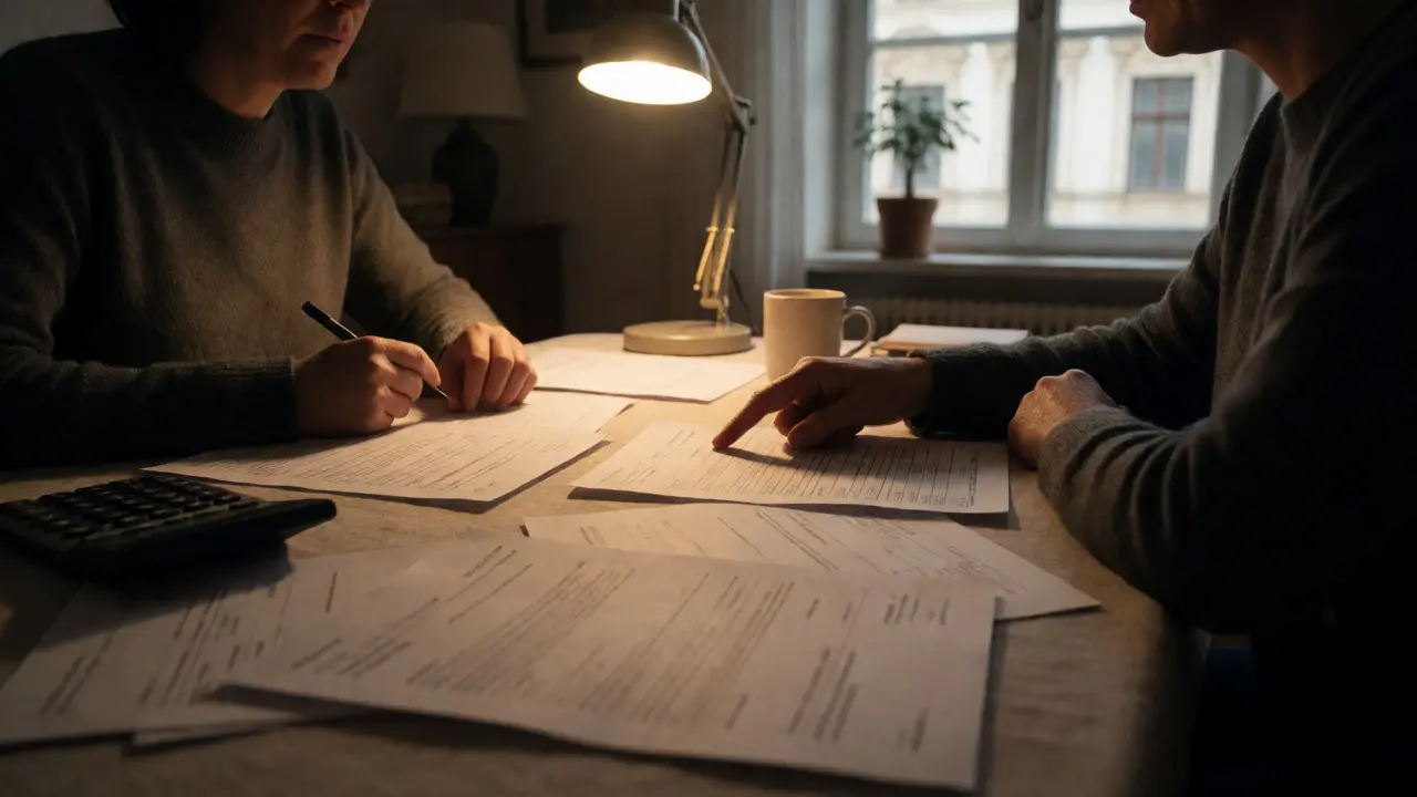 Mieter prüft kritisch Rechnungen des Vermieters am Tisch